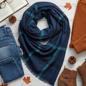 Loft Navy Blue Plaid Blanket Scarf